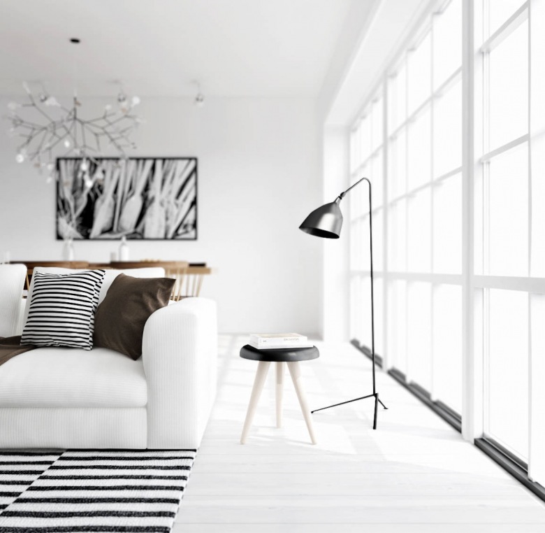 Nowoczesna lampa krzak,srebrna lampa podłogowa,biała sofa i dywan w czarno-białe paski (24851)