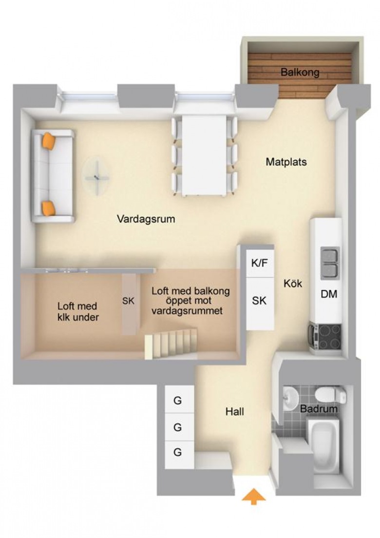 47 m2 -  plan  mieszkania  z antresolą (21257)