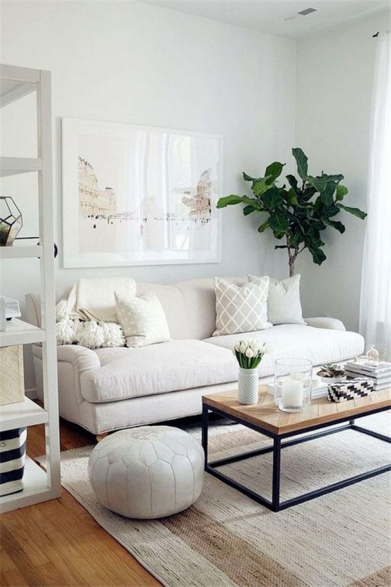 Biały salon z dekoracyjnymi poduszkami na sofie (56239)