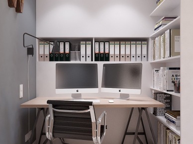 Kącik biurowy w domu z zabudową z białymi  pólkami i biurkiem na kozłach w stylu skandynawskim (24809)
