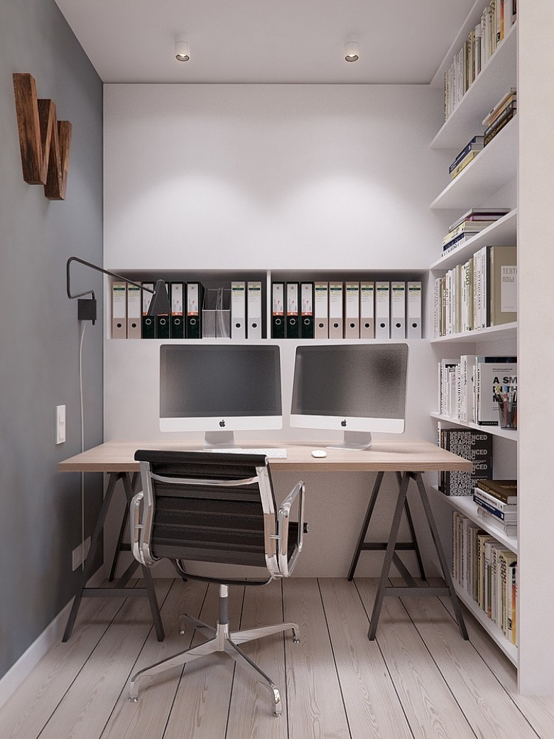 Kącik biurowy w domu z zabudową z białymi  pólkami i biurkiem na kozłach w stylu skandynawskim (24809)