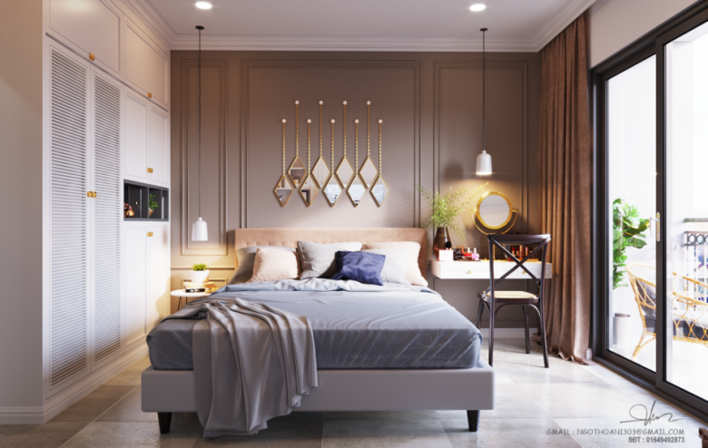 Efektowna dekoracja ze złotych luster w aranżacji sypialni (53283)