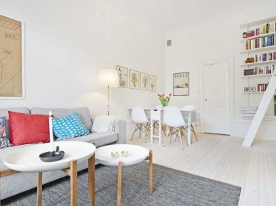 Mały salon z jadalną i drabiną na antresolę w stylu skandynawskim (24500)
