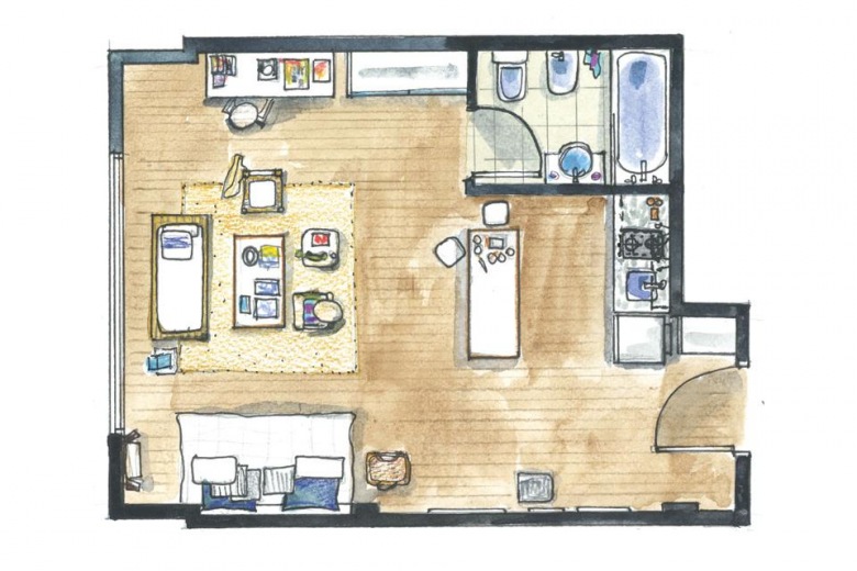 Plan małego mieszkania w otwartej zabudowie salonu, kuchni i sypialni (23654)