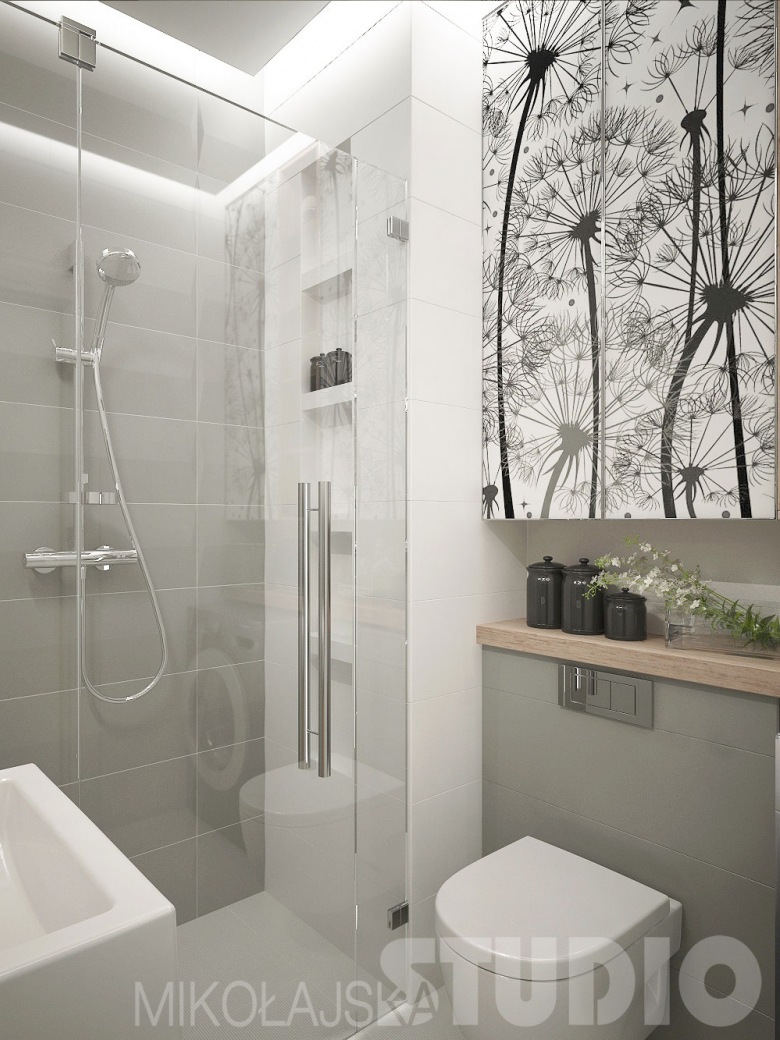 Biało-szara łazienka łazienka z motywem kwiatowym, z detalami z drewna i fototapetą na drzwiach szafek łazienkowych (26024)