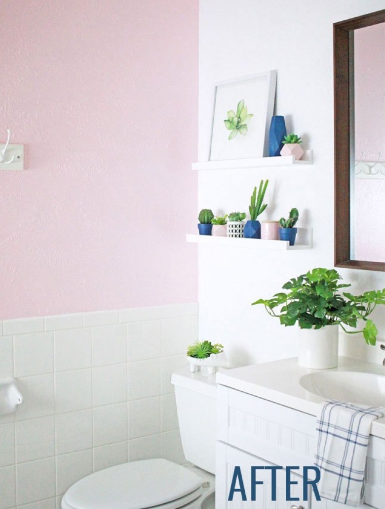 Łazienka jest mała, ale ma bardzo przytulny klimat. Pastelowa paleta barw nadaje wnętrzu łagodny charakter, a różowy kolor na ścianie prezentuje się dość...