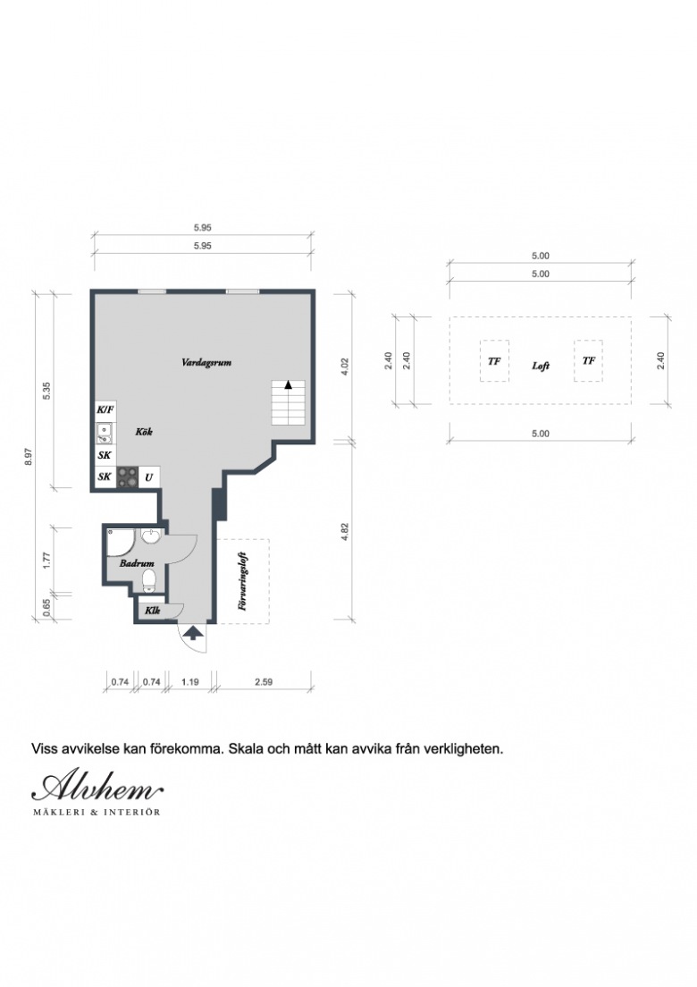 Plan otwartej zabudowy mieszkania z antresolą o powierzchni 36 m2 (23227)