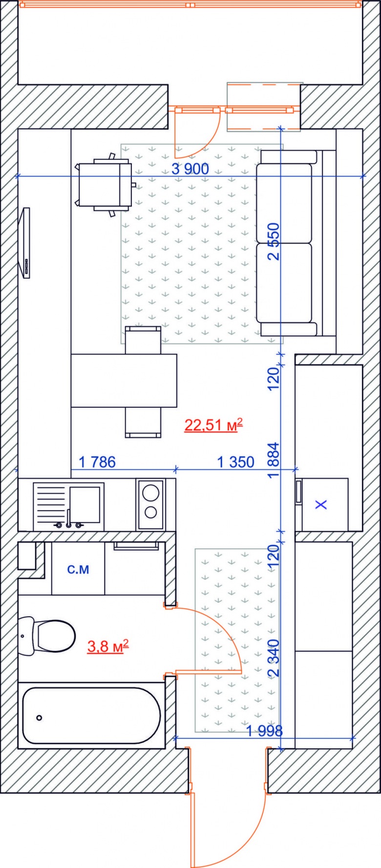 Plan urządzenia małej kawalerki 26,3 m2 (48667)