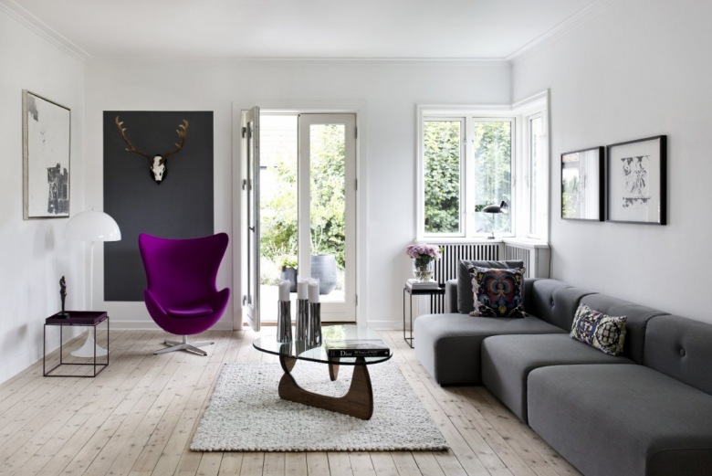 Szary narożnik, fioletowy fotel i czarna pojedyncza ściana w białym salonie (21049)