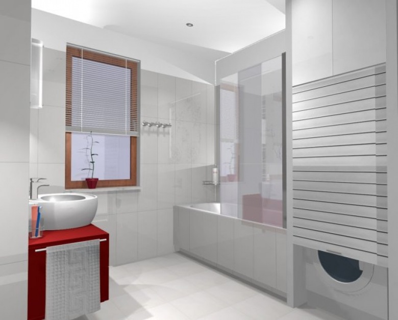 Biała łazienka z czerwoną szafką pod umywalką,pralka z żaluzjową osłoną we wnęce (26014)