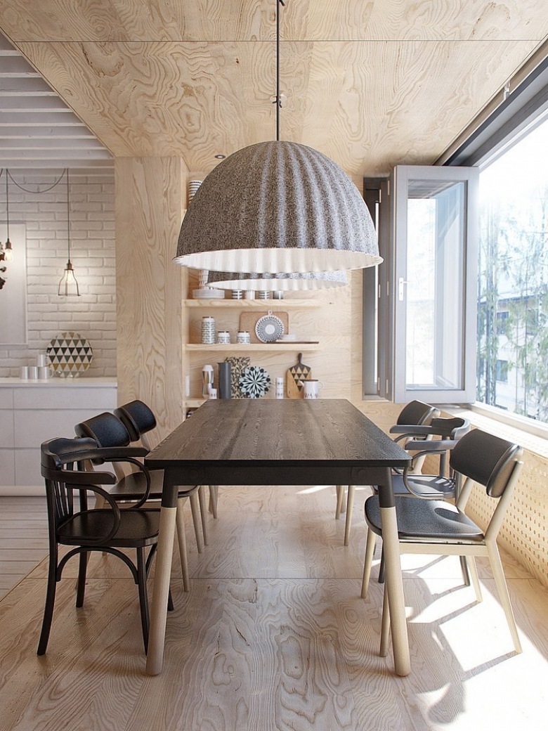 Skandynawski drewniany stół z czarnym blatem,wyplatane lampy,drewniana zabudowa z półkami w aranżacji skandynawskiej jadalni (24802)