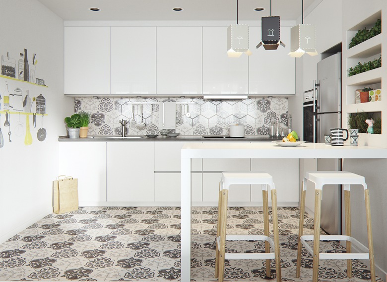 Biała kuchnia w stylu skandynawskim z mozaiką na podłodze (52614)