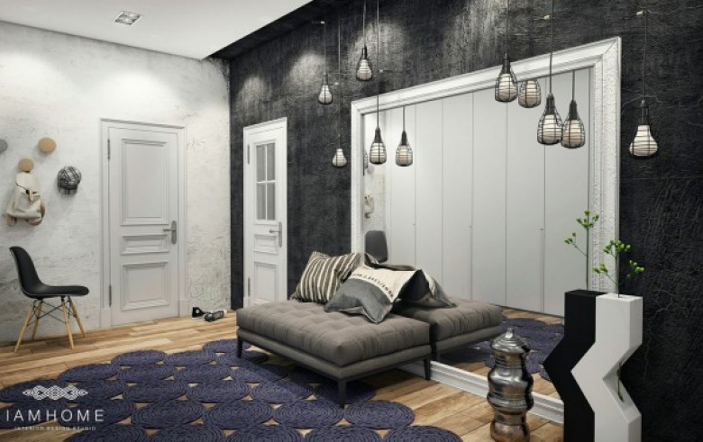 Fioletowy nowoczesny dywan,czarna ściana z lustrami,nowoczesne lampki wiszące i szara pikowana ławka w nowoczesnym przedpokoju (26885)