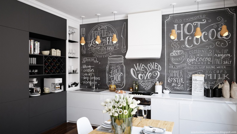 Białe i czarne szafki kuchenne wprowadzają do wnętrza elegancki charakter. Prostota skandynawskiego stylu zapewnia ład...