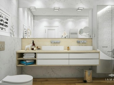 Lustrzane ściany i szafki w łazience,strukturalne ściany i wiszące szafki z umywalkami (26897)