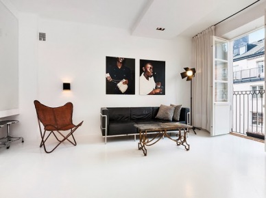 Skandynawski salon z kontrastowymi meblami i detalami w czarnym i brązowym kolorze (22042)
