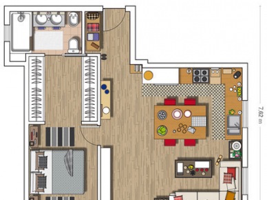 60 m2 - plan  rozmieszczenia pokoi i mebli w mieszkaniu (21270)
