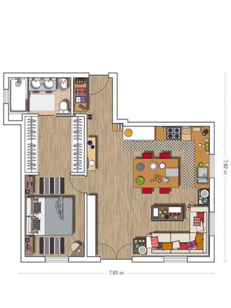 60 m2 - plan  rozmieszczenia pokoi i mebli w mieszkaniu (21270)