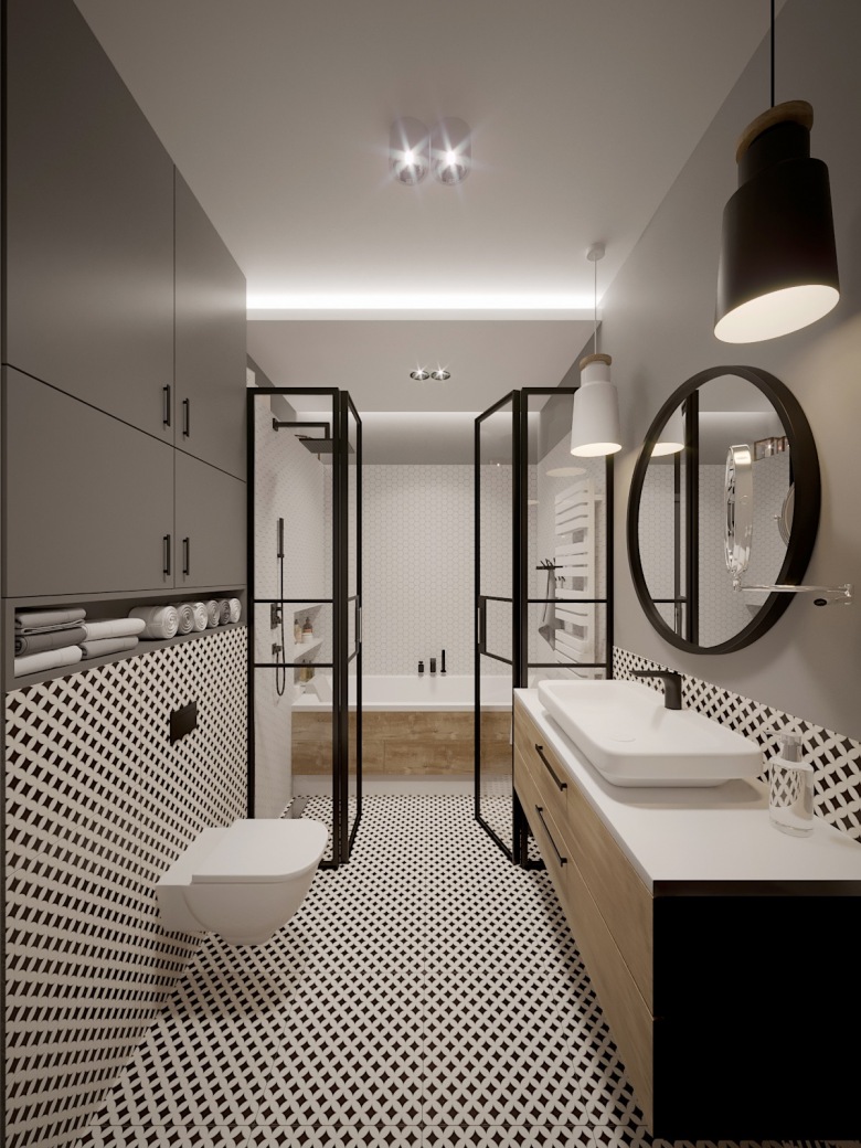 Aranżacja prostokątnej łazienki z czarnymi dodatkami (55472)