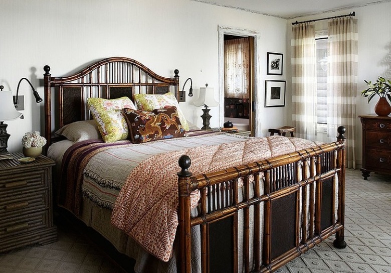 Rattanowe brązowe łóżko w sypialni (20154)
