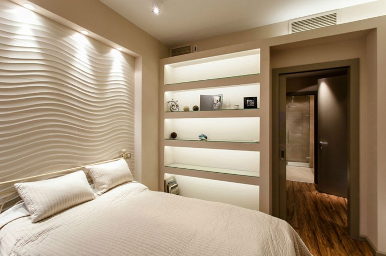 Aranżacja sypialni z podświetlanymi półkami (48073)