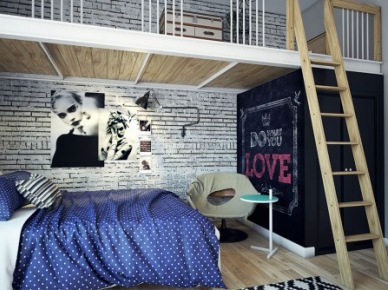 Pomysł na piętrową zabudowę łóżka w sypialni ze ścianą z białej cegły i farbą tablicową (26875)