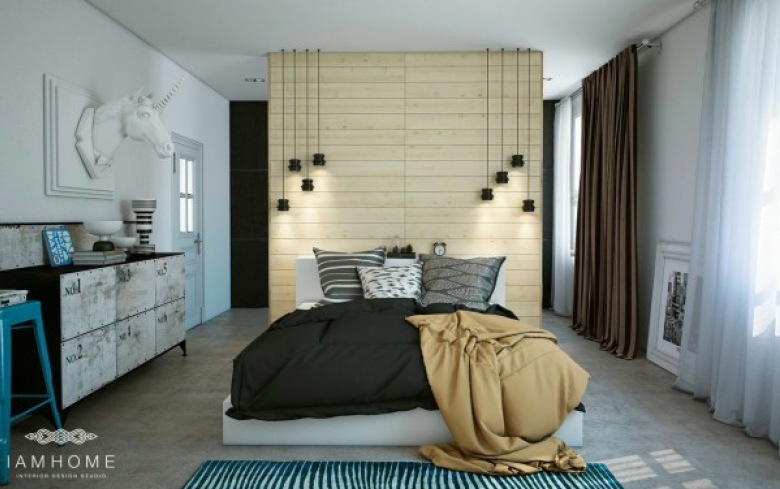 Ściana z drewnianych paneli,czarne wiszące lampy nowoczesne,czarna narzuta,turkusowy dywan i nowoczesne komody w sypialni (26888)