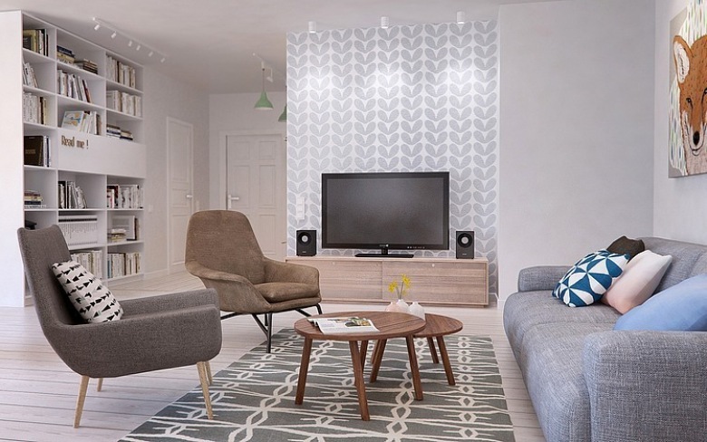 Szara sofa nowoczesna,białoszara tapeta w stylu skandynawskim,bezowe fotele i biało-szary dywan (24805)