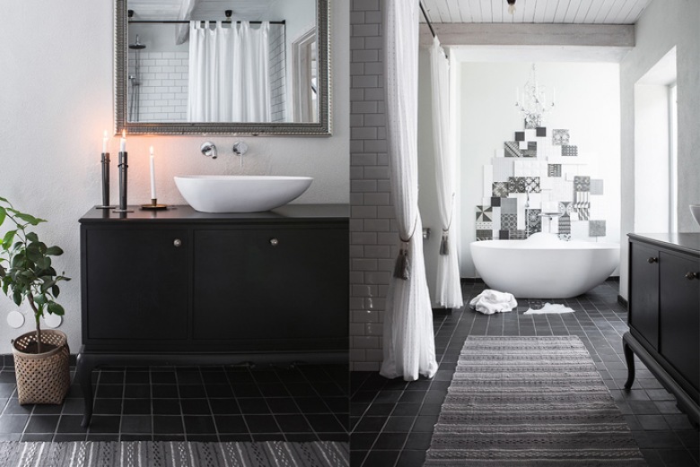 Pokój kąpielowy w biało-czarnych kolorach w skandynawskim stylu (28329)