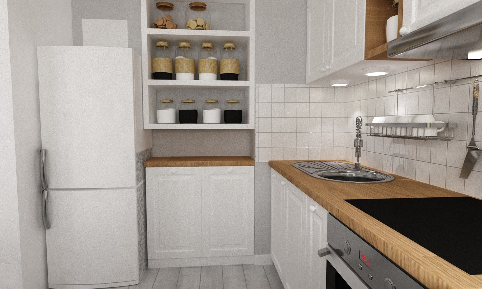 Białe szafki w kuchni i ogólny charakter kojarzą się z łagodnością i spokojem. Drewno urozmaica tę jasną przestrzeń i...