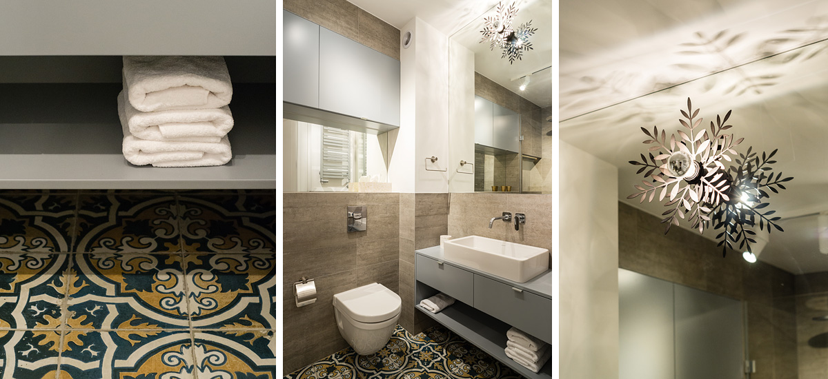 Elegancja tej łazienki polega na połączeniu prostych mebli i płytek azulejos. Prócz nich, jedyną ozdobę stanowi tu...