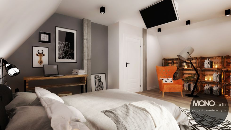Przestronną sypialnię urządzoną w chłodnej kolorystyce bieli oraz szarości urozmaicono znacznie oryginalnym meblem!...