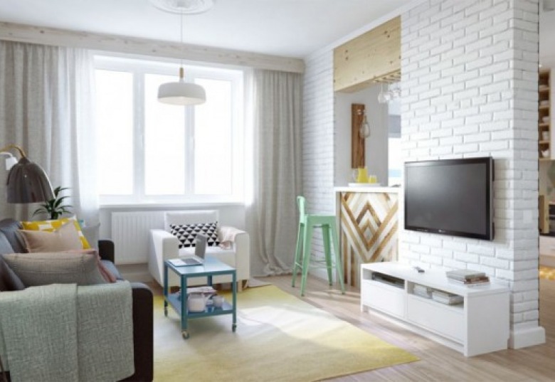 Znakomity pomysł na aranżację małego mieszkania o powierzchni 45 m2 - prosty, kreatywny i pastelowy. (36986)