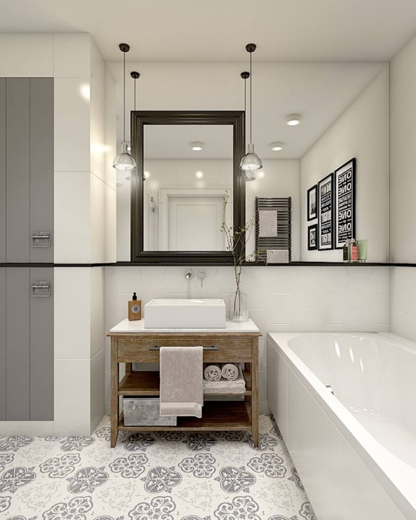 Ciekawa aranżacja łazienki w stylu eklektycznym z subtelną wzorzystą podłogą i bardziej wyrazistymi dodatkami....
