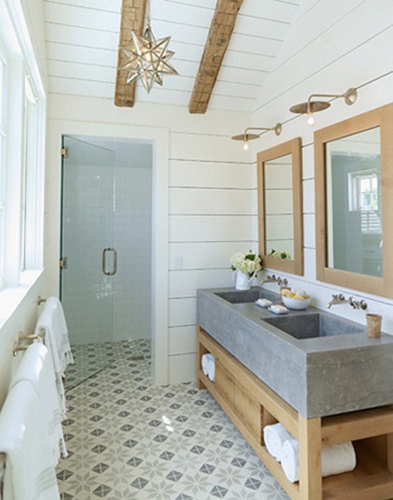 piękne łazienki z wykorzystaniem naturalnego drewna, przetartego na biało oraz w gregoriańskiej...
