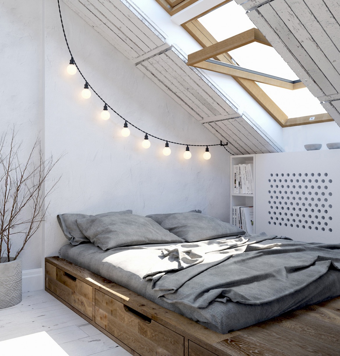 Biała sypialnia na poddaszu z oryginalnym drewnianym łóżkiem (51427)