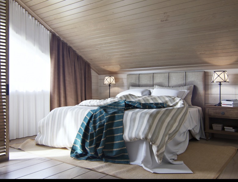 Sypialnia na poddaszu urządzonym w drewnie (53073)