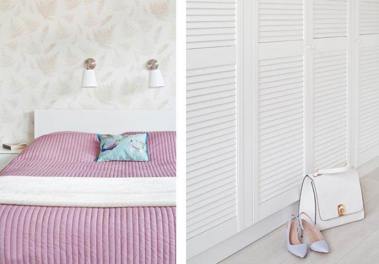 Biała sypialnia zyskuje na wyrazistości dzięki pojedynczym elementom, jak różowa narzuta na łóżko czy błękitna...