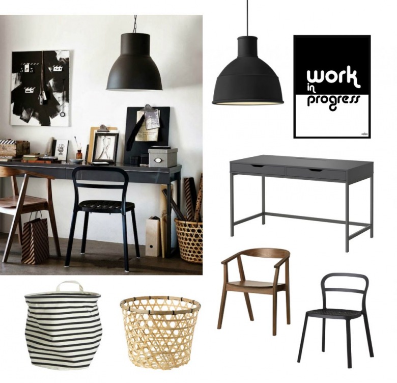 Domowe biuro w czarnych kolorach,aranżacja domowego biura w stylu industrialnym,kącik biurowy w czarnych kolorach,czarne biurko z szufladami,czarne metalowe krzesło biurkowe,drewniane giete krzesło przy biurku,czarne lampy pendant w aranzacji dom (37620)