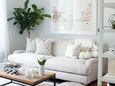 Mały salon z białą sofą i pastelowymi dodatkami (53523)