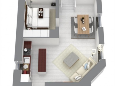Plan rozmieszczenia mebli i ścianek w otwartej zabudowie mieszkania o powierzchni 52 m2 (25180)
