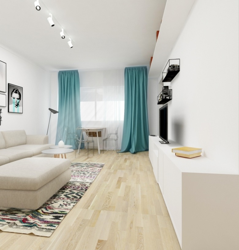 PASTELOWE KOLORY DELIKATNIE WTOPIONE W BIAŁE WNĘTRZA APARTAMENTU W STYLU SKANDYNAWSKIM.Niebieskie turkusy zasłon w sypialni oraz płytek w łazience, parę kresek na nowoczesnym dywanie w sypialni, podłoga z naturalnego drewna jasnego i szczypta czerni - to barwy w tym świetlistym apartamencie, który wydaje się estetyczny i dobrze zharmonizowany. Ciekawie rozwiązana łazienka spodoba się Wam na pewno...