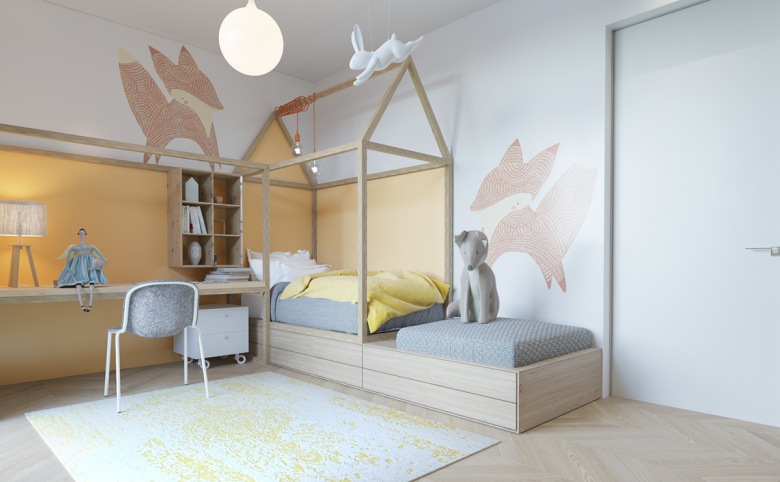 Pokój dziecięcy urządzono w skandynawskim stylu. Drewniany domek nad łóżkiem zapewnia przytulne miejsce do spania....