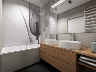 Nowoczesna łazienka z wanną z panelem szklanym i fototapetą na ścianie,owalne umywalki na fornirowanych szafkach i betonowe płytki w obudowie wanny (26045)