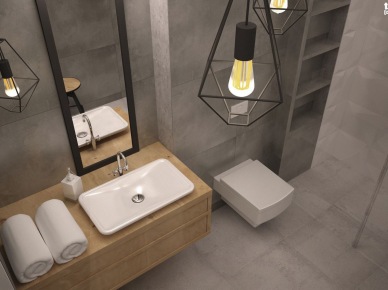 Aranżacja szarej łazienki z oryginalnymi lampami w industrialnym stylu (47566)