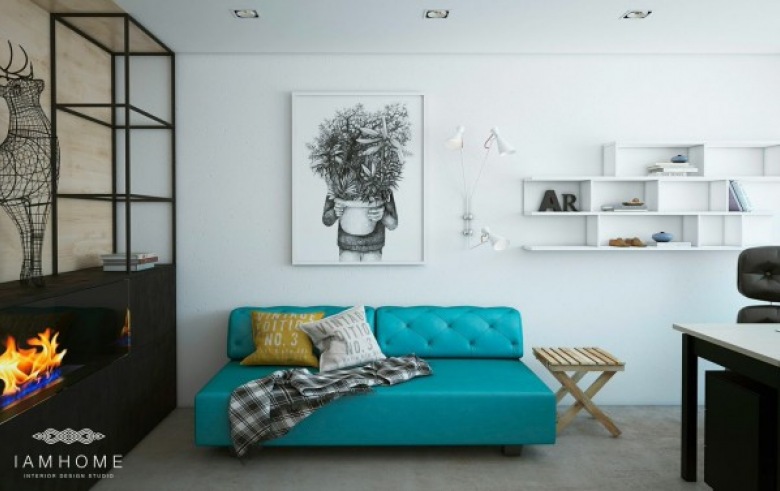 Turkusowa sofa nowoczesna,białe kubikowe półki na ścianie,czarna zabudowa nowoczesnego kominka i nowoczesne grafiki w salonie (26895)