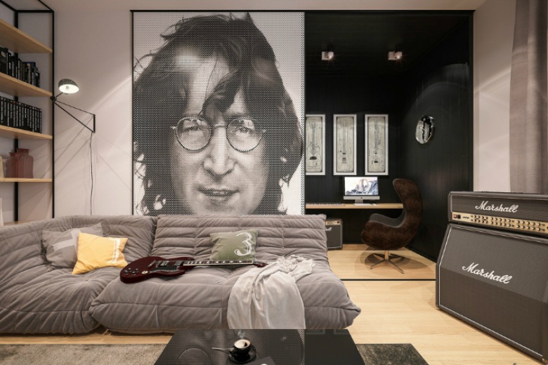 Portret Johny Lennona  na ścianie przesuwnej w  salonie z kącikiem biurowym (47660)