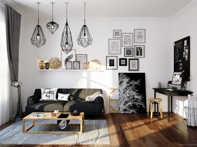 Monochromatyczny salon z domowym gabinetem w stylu skandynawskim (47834)