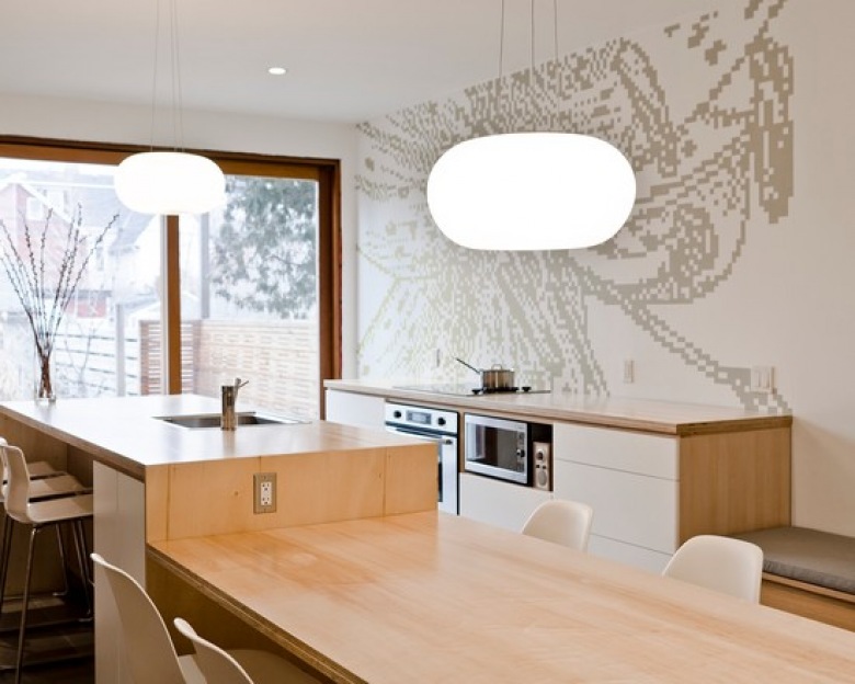 nowoczesna kuchnia, gdzie projekt mebli uzupełnia dekoracyjna ściana - każdy może wybrać inny,wg stylu i upodobań.