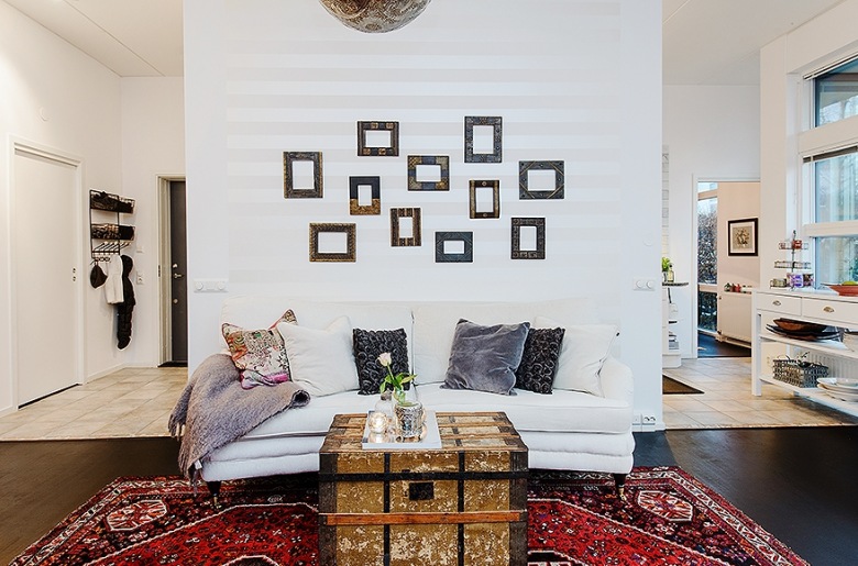 piękna aranżacja mieszkania w skandynawskim stylu z mocnymi akcentami dekoracji i meblami z Maroka - orientalne detale...